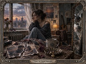 A solitary woman sits beside a rain-streaked window in a worn apartment at dusk, surrounded by torn photographs, fading roses, a guitar, and a fractured mirror. Muted blues, charcoal, and amber light create a melancholy atmosphere, while richly textured painterly detail and weathered surfaces suggest heartbreak, memory, and emotional dislocation.