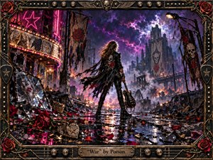 A lone glam-rock guitarist stands amid a rain-soaked city in ruins, facing a towering industrial fortress beneath violent purple storm clouds. Neon pink lights, fires, shattered mirrors, roses, skull banners, and scattered metal debris create a defiant, apocalyptic mood. Dramatic reflections and handcrafted metallic framing intensify the dark, rebellious spectacle.