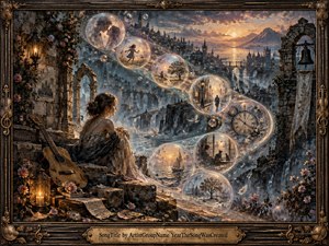 A dreamlike woman sits beside a weathered guitar overlooking a vast twilight city as glowing memory bubbles sweep across the scene in a luminous S-curve. Warm gold and cool blue tones, ruined stone arches, flowers, lanterns, clocks, birds, and distant towers create a nostalgic, painterly atmosphere of time and reflection.