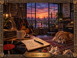 A warmly lit music studio overlooks a glowing city skyline at sunset, surrounding an acoustic guitar, vinyl records, handwritten notes, books, and a resting golden retriever. Rich amber and crimson tones, intricate musical framing, vintage furnishings, and cinematic detail create a nostalgic, intimate atmosphere of creativity, reflection, and enduring inspiration.