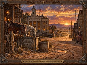 A richly textured oil painting portrays two saddled horses beside a weathered trough on a dusty western main street at sunset. A courthouse, sheriff truck, wooden storefronts, telegraph poles, and distant mesas create a rugged Americana mood, while glowing amber light, dramatic clouds, carved wood, ironwork, and brass framing reinforce frontier resolve.
