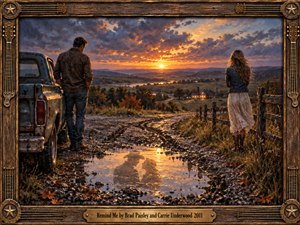 An oil-painted country sunset bathes a winding muddy road in amber and violet light. A man beside a weathered pickup and a woman near a fence stand apart, while a puddle reflects their remembered closeness. Rolling hills and distant farmhouse lights deepen the wistful mood, framed by rustic wood, guitar strings, and brass.
