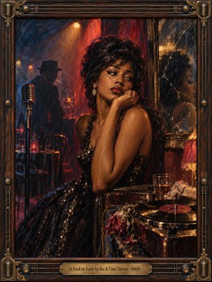 A glamorous singer rests pensively in a smoky 1960s nightclub, her sequined black dress catching amber and crimson light. A shadowy man lingers beyond a vintage microphone while cracked mirrors, a wilted rose, and a vinyl record suggest troubled romance. Rich oil brushstrokes and ornate brass framing deepen the melancholy.