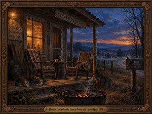 A weathered country porch glows beneath amber lamplight as two empty rocking chairs face a smoldering fire. A sleeping dog, guitar case, and winding rural road deepen the sense of longing. Indigo hills and a fading orange sunset surround the nostalgic oil painting, enclosed in carved walnut and brass.