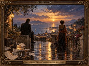 Two distant figures contemplate a glowing coastal city from a rain-slick stone terrace at sunset. Golden reflections shimmer beneath violet clouds, while scattered letters, a travel trunk, and flowering vines suggest memories and separation. Richly textured oil painting blends romantic melancholy with warmth, enclosed by an ornate musical wood-and-bronze frame.