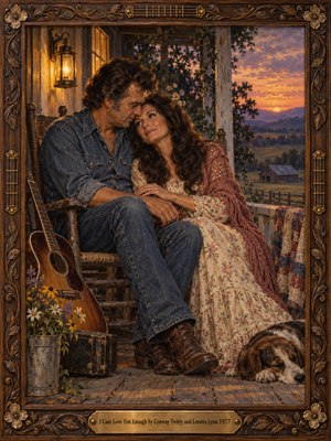 A tender couple leans together on a weathered country porch, framed by carved walnut and brass. Golden lantern light warms their denim and floral clothing as a violet-orange sunset stretches across distant hills. An acoustic guitar, wildflowers, and sleeping dog deepen the nostalgic intimacy of this richly textured oil painting.