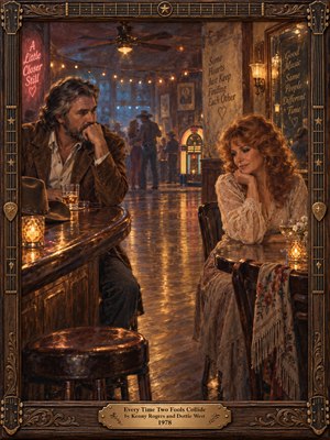 In a warmly lit 1970s country bar, a thoughtful man and wistful woman sit apart, their glances suggesting love and regret. Amber candles, a glowing jukebox, distant dancers, and polished wooden floors create nostalgic intimacy. Rich oil-painted textures, dusky blue shadows, and an ornate guitar-inspired frame surround the bittersweet scene.