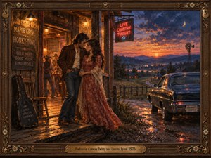 A tender couple leans together outside a rustic honky-tonk, its amber lights glowing against a violet and coral sunset. A vintage car, winding country road, distant windmill, and crescent moon deepen the nostalgic Southern atmosphere. Rich oil brushwork and reflections lend warmth, while an ornate carved wooden frame completes the romantic scene.