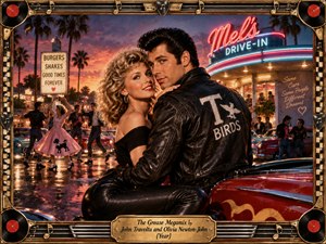 A glamorous couple embraces beside a red vintage car at a lively 1950s drive-in. Neon lights illuminate dancing teenagers, classic automobiles, palm trees, and rain-soaked pavement beneath a fiery sunset. Rich reds, golds, and blues create nostalgic excitement. An ornate jukebox-inspired frame features musical notes, vinyl records, and an engraved titleplate.