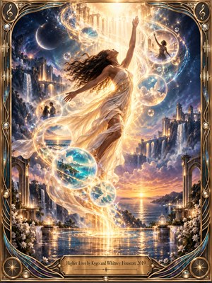 A radiant woman in flowing ivory fabric rises through spiraling golden light above a reflective sea. Glowing memory spheres float among celestial arches, waterfalls, and starry blue skies. Warm amber and turquoise highlights illuminate the dreamlike digital composition, while an ornate bronze musical frame and engraved title plate complete its uplifting atmosphere.