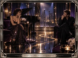 In a glamorous midnight lounge, a woman in a sparkling plum gown and a man in black exchange thoughtful glances across a reflective floor. Golden lights curl between velvet chairs, a grand piano, and twin microphones. Blue city haze, cinematic shadows, and an ornate silver frame heighten the romantic tension.
