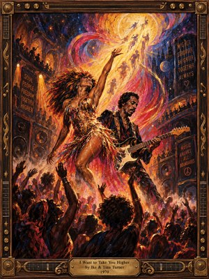 An ecstatic soul singer reaches skyward beside a guitarist as a jubilant crowd surges beneath them. Golden light spirals into a cosmic sky above a smoky concert hall, blending crimson, magenta, and indigo. Expressive, textured brushstrokes heighten the explosive energy, while an ornate brass-and-wood musical frame completes the scene.
