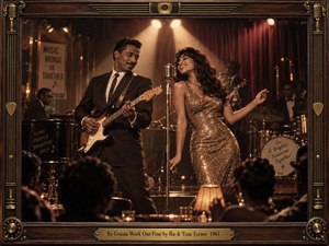 A glamorous singer in a glittering gold dress sways beside a suited guitarist on a smoky 1960s nightclub stage. Amber spotlights illuminate their playful chemistry against burgundy curtains, while musicians and audience silhouettes recede into shadow. Warm, cinematic vintage photography is enclosed by an ornate wood and brass musical frame.