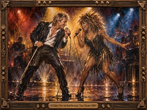 Rod Stewart and Tina Turner face each other in an electrifying stage duet, framed by ornate bronze musical detailing. Golden spotlights blaze through smoky red and blue shadows, illuminating shimmering costumes, shadowy musicians, and a reflective floor. Energetic oil brushstrokes capture their joyful chemistry, dynamic movement, and theatrical rock-soul atmosphere.