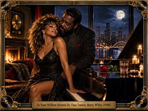 In a luxurious moonlit lounge, Tina Turner and Barry White share a tender moment beside a grand piano. Golden firelight and candles warm the scene, contrasting with a blue city skyline across the water. A red rose, shimmering black gown, and ornate musical frame evoke soulful, cinematic romance.