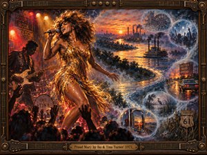 A dazzling soul singer commands a fiery stage in a shimmering gold dress, while a guitarist and cheering crowd surround her. Beyond, a winding river reflects an orange sunset, steamboat, and smoky factories. Dreamlike vignettes shimmer through blue mist in this energetic, richly textured painting, enclosed by ornate bronze framing.