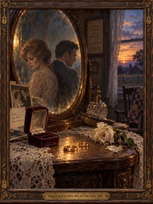 Two golden wedding bands rest apart on a lace-covered vanity beside a wilted white rose and open velvet box. In an aged oval mirror, a solemn couple turns away from each other. A rural sunset glows beyond the window, bathing the nostalgic oil painting in amber and violet, framed by carved wood and brass.