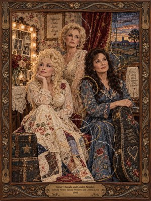 Three country singers gather in a nostalgic dressing room, their thoughtful expressions framed by glowing vanity bulbs, floral wallpaper, and a sunset window. Cream lace, dusty blue embroidery, and winding silver and gold threads evoke heartbreak and resilience. Intricate quilted textures and an ornate carved wooden frame complete the warm, bittersweet portrait.