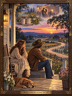 A tender couple rests on a weathered country porch as a winding road disappears into a glowing sunset. Wildflowers, fireflies, a sleeping dog, and misty memories of dancing enrich the peaceful scene. Warm amber and rose contrast with dusky blues in this nostalgic oil painting, enclosed by ornate carved wood and brass.
