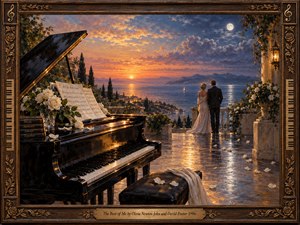 A glossy grand piano adorned with white roses anchors a coastal terrace at twilight. An elegant couple gazes across the shimmering sea as golden sunset meets silvery moonlight. Rich oil-painted textures, drifting petals, distant mountains, and reflections on polished stone evoke tender nostalgia, while an ornate carved frame with musical motifs completes the scene.