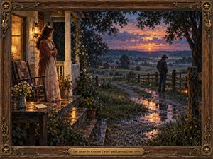 A woman stands beneath warm farmhouse lamplight while a solitary man lingers beside a distant fence. Rain-soaked pathways reflect a glowing sunset of amber, rose, and indigo. Misty hills, wildflowers, and rustic details enrich this nostalgic oil painting, framed in ornate carved wood and brass, evoking longing and heartbreak.