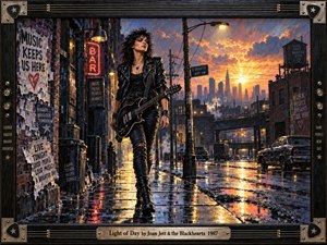 A defiant leather-clad guitarist strides through a rain-soaked industrial street at sunrise. Neon signs, torn concert posters, and vintage cars surround her as golden light floods distant skyscrapers. Deep blues, fiery oranges, and shimmering puddles give this richly textured painting its gritty, hopeful energy, framed by guitar strings and engraved metal.