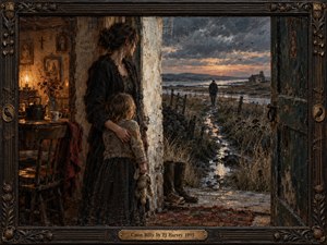 A dark-haired woman holds a child in a weathered cottage doorway, watching a lone man cross a bleak marsh at dusk. Warm lamplight contrasts with cold blue-gray clouds, muddy paths, reeds, and distant water. Textured painterly surfaces, worn wood, and an ornate bronze frame deepen the tense, melancholic atmosphere.