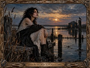 A dark haired woman in a torn pale dress and heavy black wrap sits on a decaying pier above still marsh water at sunset. Storm clouds, reeds, broken pilings, a distant shack, boat, and raven create an ominous mood. Warm gold reflections contrast with cold blue shadows in richly textured painterly realism.