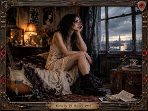 A dark-haired woman in a worn white dress sits on a rumpled bed beside a rain-streaked window overlooking an industrial harbor. Warm amber lamplight contrasts with cold gray skies, while a battered guitar, flowers, books, photographs, boots, and distressed metal framing create a brooding, intimate, handcrafted rock atmosphere.