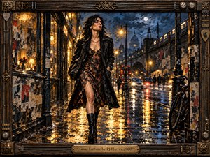 A dark-haired woman strides through a rain-soaked London street, framed by glowing shop windows, traffic, and distant architecture. Golden streetlights shimmer across wet pavement against deep blue night skies, creating a restless yet hopeful mood. Textured painterly surfaces, worn posters, and ornate metal framing add gritty romantic detail.