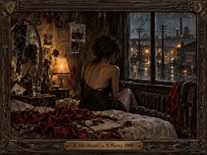 A solitary woman sits beside a rain-streaked window in a worn industrial room, surrounded by cracked mirrors, faded photographs, red fabric, and dim amber lamplight. Cold blue city lights shimmer outside, contrasting with the intimate interior. The richly textured painterly style creates a brooding atmosphere of longing, uncertainty, memory, and isolation.