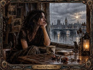 A dark-haired woman sits beside a rain-streaked window, gazing across a gray river toward a brooding city skyline. Warm lantern light meets cold stormy daylight, illuminating worn wood, dried roses, old photographs, books, and a guitar. The weathered ornate frame and distressed photographic realism deepen the images melancholy, haunted, introspective mood.
