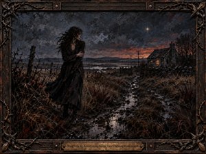 A solitary woman in a windblown black dress stands on a storm-dark moor, facing a distant cottage beneath a lone star. Muddy reflections, tangled grasses, and rust-red twilight create a brooding, haunted mood. Thick painterly textures, dramatic shadows, and an ornate weathered metal frame intensify the gothic atmosphere.