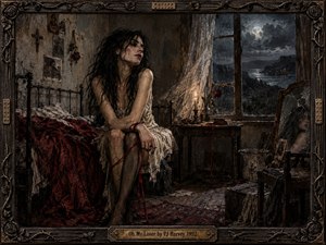 A dark-haired woman sits tensely on a worn bed in a decaying moonlit room, clutching a trailing red cord. Deep crimson fabric, cracked walls, candlelight, stormy coastal darkness, and a fractured mirror create a brooding atmosphere. Textured painterly detail and an ornate distressed frame intensify the uneasy romantic mood.