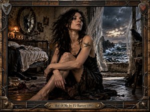 A defiant woman in a torn black dress sits inside a decaying seaside room as storm waves crash beyond shredded curtains. Warm lamplight contrasts with cold gray skies, broken glass, wilted roses, and aged furnishings. A dark cinematic realism, distressed guitar-inspired frame, and weathered metal details intensify the brooding tension.
