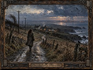 On a windswept coastal road at dusk, a solitary woman walks toward glowing cottages above a rough sea and distant industrial lights. Muddy paths, bent trees, and dark birds deepen the mood of longing and return. Rendered in textured, painterly mixed media, the scene is framed in weathered wood and metal.