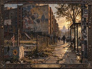 A weathered city street glows beneath warm evening light, balancing hardship with quiet resilience. Cracked pavement, chain-link fences, faded murals, abandoned play equipment, and worn brick buildings frame distant civic architecture. Earthy browns, rust, gray, and gold create a gritty, painterly atmosphere of struggle, endurance, and fragile communal hope.