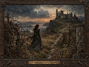 A solitary woman crosses a windswept field toward a ruined hilltop manor beneath a turbulent sunset sky. Thorny roses, iron gates, dry grasses, distant water, and circling birds deepen the atmosphere of longing and isolation. Rich earthy browns, charcoal blues, and amber light create a dramatic, textured oil-painted mood.