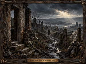 A solitary figure walks through a rain-soaked ruined village beneath heavy storm clouds, surrounded by broken stone walls, muddy paths, rusted fencing, white wildflowers, and distant church ruins. Cold gray-brown tones and pale shafts of light create a haunting, reflective mood within a weathered handcrafted frame.