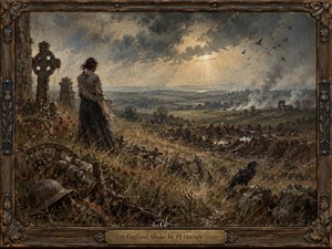 A solitary woman overlooks a scarred English countryside where muddy trenches, distant smoke, ruined stonework, and scattered crosses evoke the aftermath of war. Muted browns, gray blues, and fading gold light create a mournful atmosphere. Textured painterly surfaces, poppies, a raven, and weathered military debris deepen the haunting historical mood.