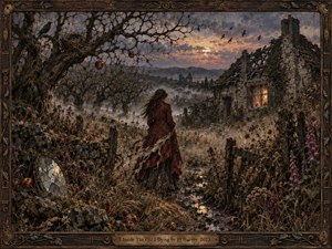 A solitary woman in a weathered red coat crosses an overgrown rural path toward a ruined stone cottage glowing faintly at dusk. Gnarled trees, fallen apples, mist, ravens, wildflowers, and a cracked mirror create an eerie atmosphere of memory and decay. Dark earthy tones and painterly textures deepen the haunted, melancholic mood.