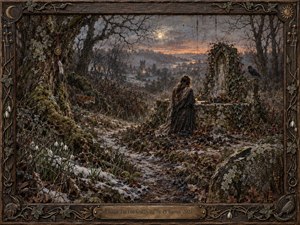 A solitary woman kneels beside an ancient ivy-covered stone well in a wintry woodland, overlooking a distant village beneath a pale moon and fading orange horizon. Snowdrops, a fox, ravens, tangled roots, and weathered carvings deepen the haunting, timeless mood, rendered with dark earthy tones, textured brushwork, and medieval folk atmosphere.