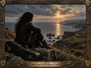 A solitary dark-haired woman sits on a rugged coastal cliff beside a weathered guitar case, gazing toward a glowing sunset over turbulent water. Moody bronze, charcoal, and gold tones shape the cinematic scene, while rocky textures, wildflowers, distant cottages, and an ornate guitar-inspired frame deepen its reflective, windswept atmosphere.