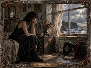 A dark-haired woman sits pensively beside a weathered bed in a decaying coastal room, staring through lace curtains toward stormy cliffs and sea. Muted browns, black fabric, dried flowers, scattered letters, and battered instruments create a lonely, intimate mood, while dramatic sunlight and an ornate antique frame deepen the melancholic atmosphere.