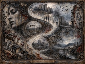 A weathered mixed-media dreamscape winds through ruined city streets, abandoned playgrounds, distant mountains, and ghostly figures along a luminous S-curve. Charcoal grays, rust, cream, and muted red create a mournful atmosphere. Layered faces, wheels, photographs, birds, and decaying architecture suggest memory, loss, conflict, and passage through time.