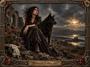 A windswept woman in a torn black dress sits beside a vigilant black wolf among ruined stone walls above a shadowed valley. Storm clouds part around a pale sun, illuminating distant water and castle ruins. Red poppies, thistles, moss, and a horned skull deepen the brooding gothic atmosphere.