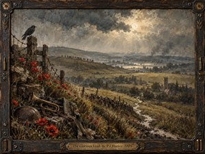 A brooding pastoral landscape stretches beneath storm-darkened skies, where poppies, broken military relics, barbed fencing, and a solitary black bird overlook distant hills and a village church. Muted earth tones, smoky light, and textured oil-paint surfaces create a haunted wartime atmosphere framed by weathered wood, dark metal, and aged brass.