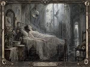 A pale woman reclines on an iron bed in a decaying Gothic infirmary, surrounded by gauzy fabric, wilted flowers, glass vessels, and shadowed corridors. Cold gray-blue light pours through tall windows, creating a dreamlike, suspended mood. Intricate metalwork, worn textures, and spectral haze give the scene a haunting handcrafted elegance.