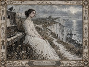 A pale woman in a flowing white dress sits beside a weathered piano above stark chalk cliffs and a restless gray sea. Muted ivory, charcoal, and blue tones create a mournful Victorian atmosphere, while cloudy light, dried flowers, distant ruins, and a black bird deepen the haunting, handcrafted painted texture.