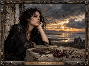 A dark-haired woman in black lace leans against weathered stone, gazing across tidal flats toward a lonely cottage beneath a turbulent sunset sky. Golden light breaks through charcoal clouds, illuminating distant hills and water. A worn journal, scattered photographs, and wilted flowers deepen the brooding, reflective mood within an ornate aged-metal frame.